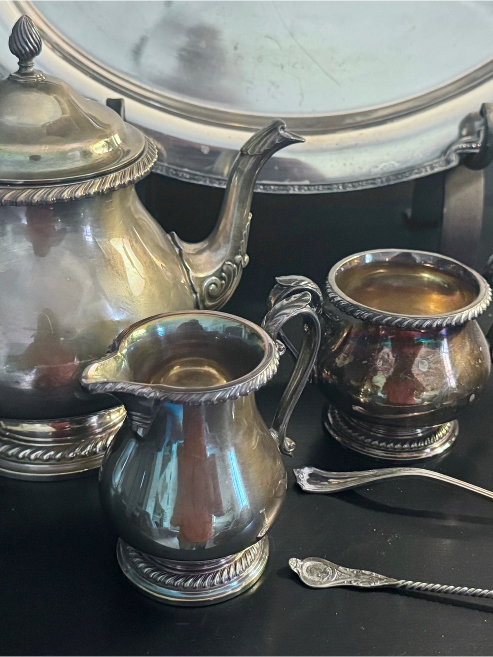 Silver Tea Service Creamer and Sugar Set & Two Vintage Spoons 🥄 PRICE FIRM